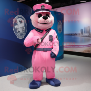 Pink Navy Seal mascot costume character dressed with a Dress Pants and Backpacks