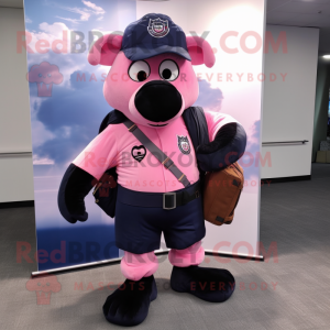 Pink Navy Seal mascot costume character dressed with a Dress Pants and Backpacks