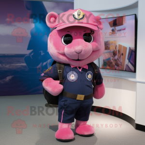 Pink Navy Seal mascot costume character dressed with a Dress Pants and Backpacks