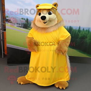 Yellow Marmot mascot costume character dressed with a Wrap Skirt and Foot pads