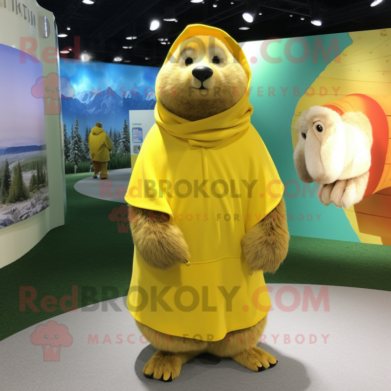 Yellow Marmot mascot costume character dressed with a Wrap Skirt and Foot pads Yellow Marmot mascot costume character dressed with a Wrap Skirt and Foot pads