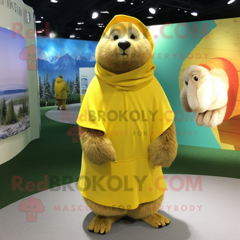 Yellow Marmot mascot costume character dressed with a Wrap Skirt and Foot pads