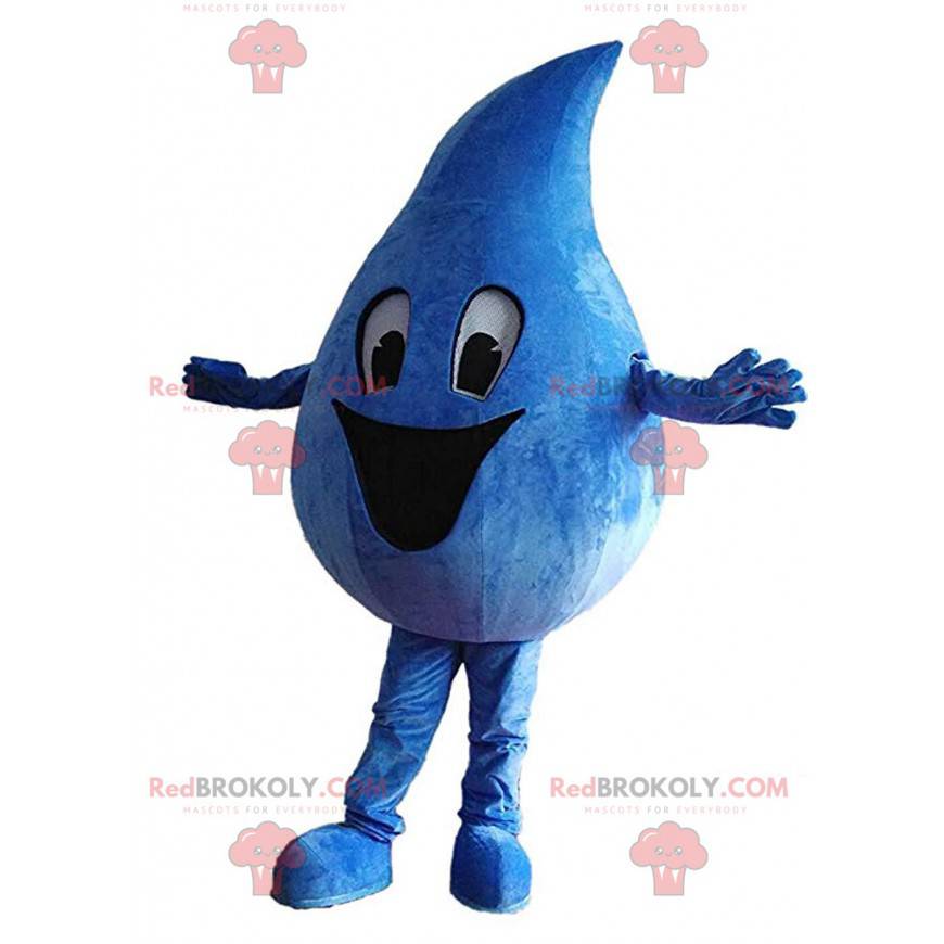 Mascotte de goutte bleue géante avec un grand sourire -