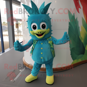 Turquoise Pineapple mascot costume character dressed with a Bootcut Jeans and Foot pads