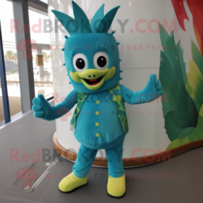 Turquoise Pineapple mascot costume character dressed with a Bootcut Jeans and Foot pads