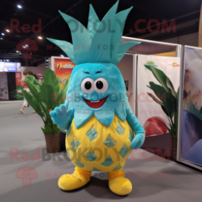 Turquoise Pineapple mascot costume character dressed with a Bootcut Jeans and Foot pads