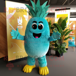 Turquoise Pineapple mascot costume character dressed with a Bootcut Jeans and Foot pads