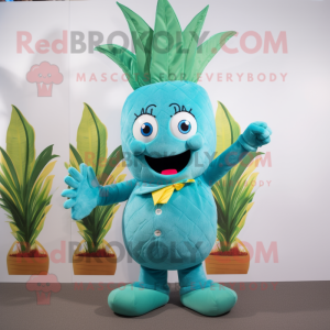 Turquoise Pineapple mascot costume character dressed with a Bootcut Jeans and Foot pads