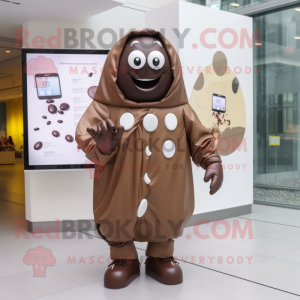 Beige Chocolate Bar mascot costume character dressed with a Raincoat and Smartwatches