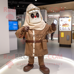 Beige Chocolate Bar mascot costume character dressed with a Raincoat and Smartwatches