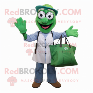 Green Doctor mascot costume character dressed with a Flare Jeans and Tote bags