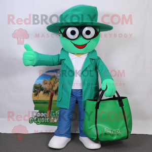 Green Doctor mascot costume character dressed with a Flare Jeans and Tote bags