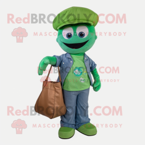 Green Doctor mascot costume character dressed with a Flare Jeans and Tote bags