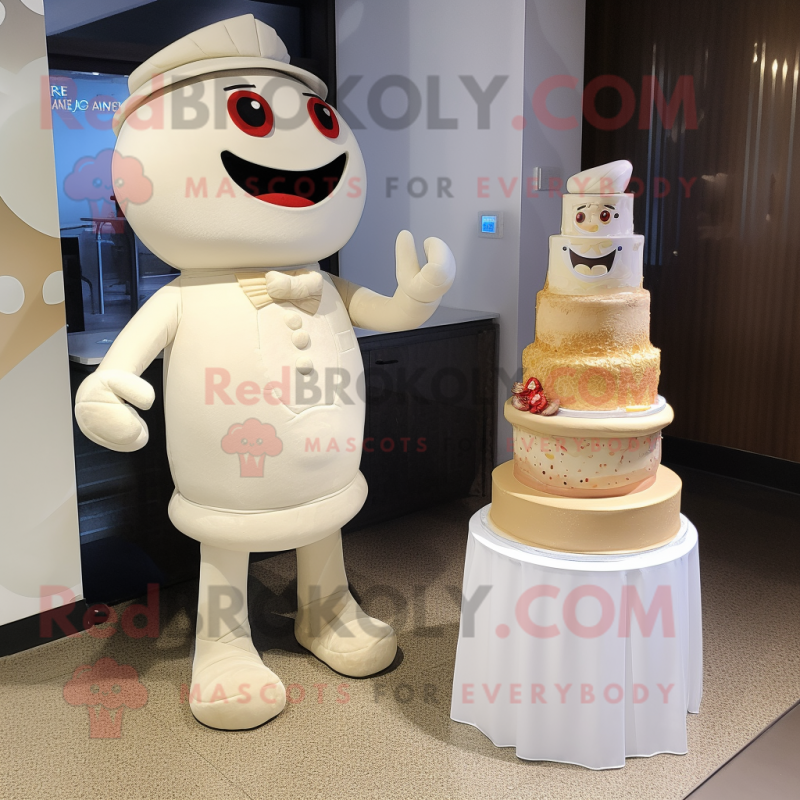 Beige Wedding Cake mascot costume character dressed with a Rash Guard and Caps Beige Wedding Cake mascot costume character dressed with a Rash Guard and Caps