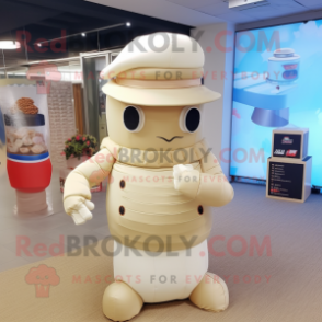 Beige Wedding Cake mascot costume character dressed with a Rash Guard and Caps