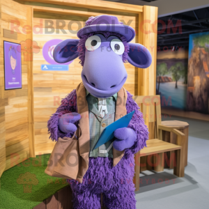 Purple Merino Sheep mascot costume character dressed with a Chambray Shirt and Tie pins