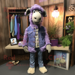 Purple Merino Sheep mascot costume character dressed with a Chambray Shirt and Tie pins