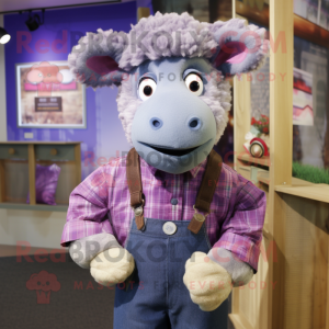 Purple Merino Sheep mascot costume character dressed with a Chambray Shirt and Tie pins