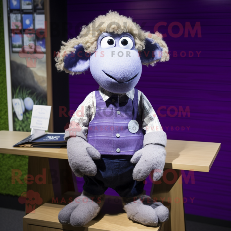 Purple Merino Sheep mascot costume character dressed with a Chambray Shirt and Tie pins