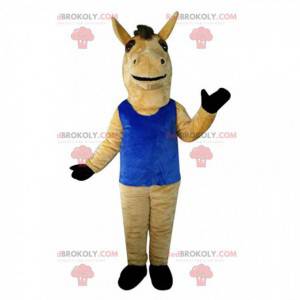 Brązowy koń maskotka z niebieskim podkoszulkiem, gigantyczny