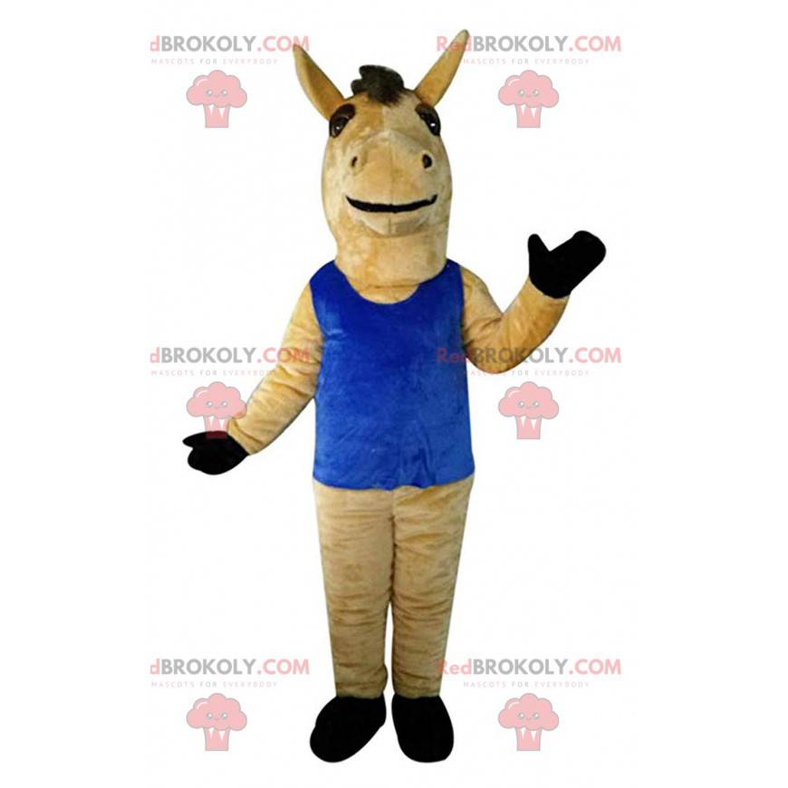 Mascotte bruin paard met een blauwe tanktop, gigantisch paard -