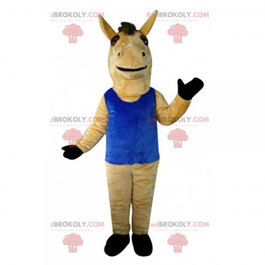 Cavalo mascote marrom com top azul, cavalo gigante -