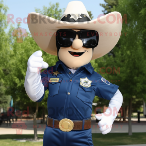 Navy Cowboy mascot costume character dressed with a T-Shirt and Sunglasses