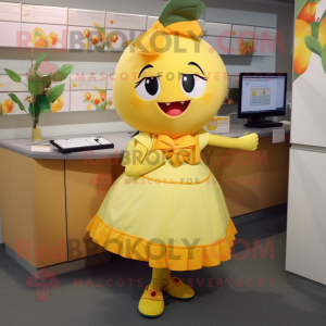 Yellow Apricot mascot costume character dressed with a Skirt and Cummerbunds