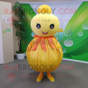 Yellow Apricot mascot costume character dressed with a Skirt and Cummerbunds