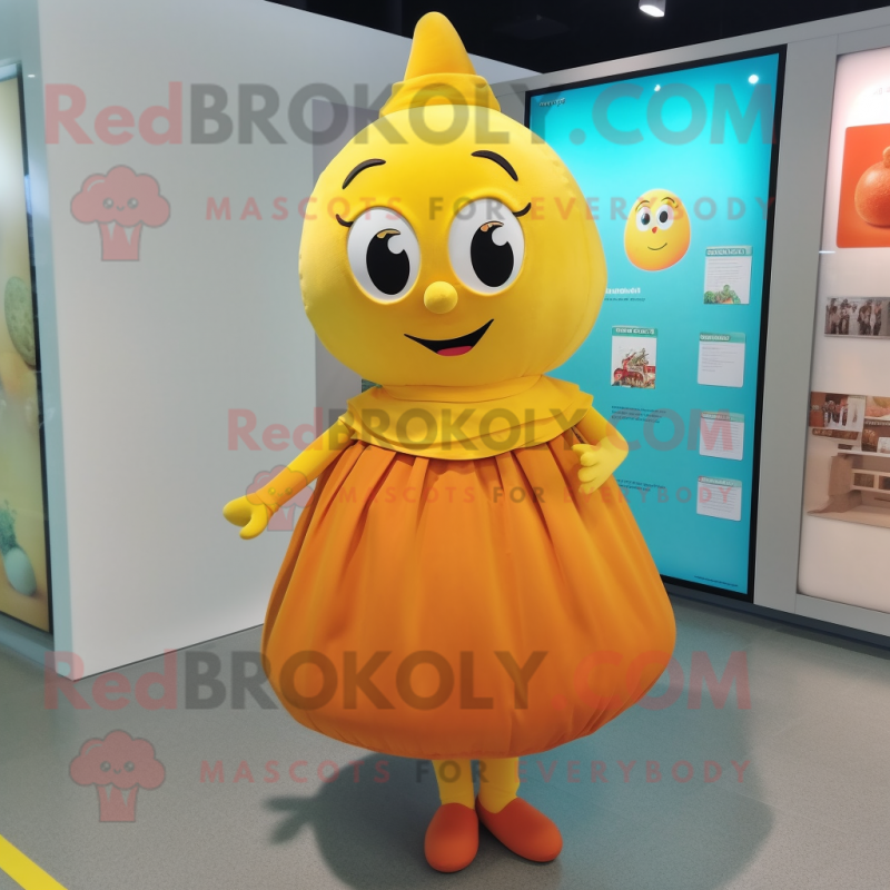 Yellow Apricot mascot costume character dressed with a Skirt and Cummerbunds