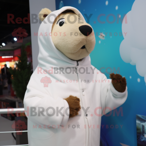 White Capybara mascot costume character dressed with a Hoodie and Mittens