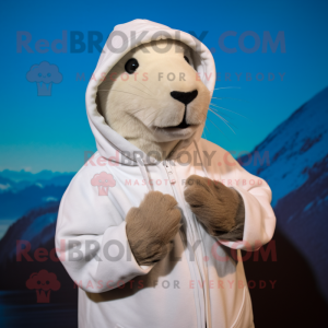 White Capybara mascot costume character dressed with a Hoodie and Mittens