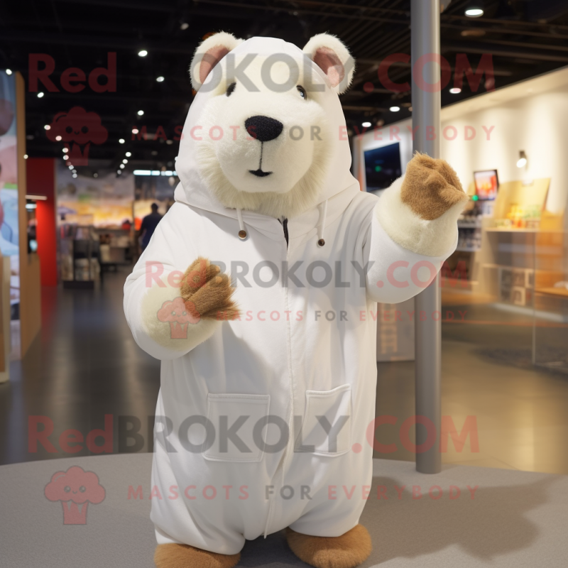 White Capybara mascot costume character dressed with a Hoodie and Mittens White Capybara mascot costume character dressed with a Hoodie and Mittens