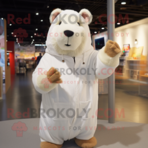 White Capybara mascot costume character dressed with a Hoodie and Mittens