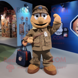 Brown Navy Soldier mascot costume character dressed with a Jacket and Tote bags