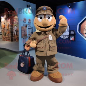 Brown Navy Soldier mascot costume character dressed with a Jacket and Tote bags