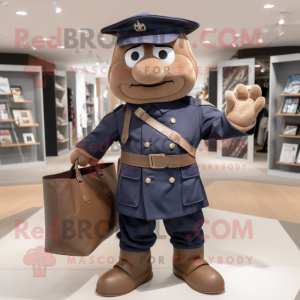Brown Navy Soldier mascot costume character dressed with a Jacket and Tote bags
