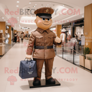 Brown Navy Soldier mascot costume character dressed with a Jacket and Tote bags