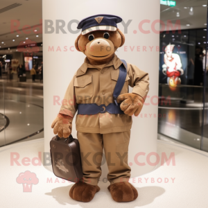 Brown Navy Soldier mascot costume character dressed with a Jacket and Tote bags