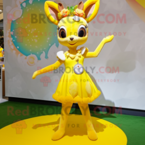 Lemon Yellow Deer mascot costume character dressed with a Circle Skirt and Necklaces