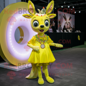 Lemon Yellow Deer mascot costume character dressed with a Circle Skirt and Necklaces