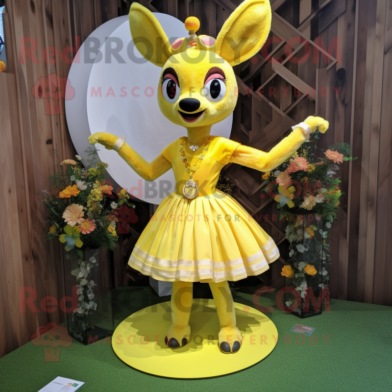 Lemon Yellow Deer mascot costume character dressed with a Circle Skirt and Necklaces