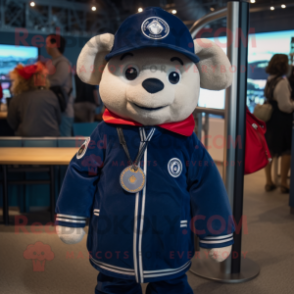 Navy Aglet mascot costume character dressed with a Bomber Jacket and Coin purses