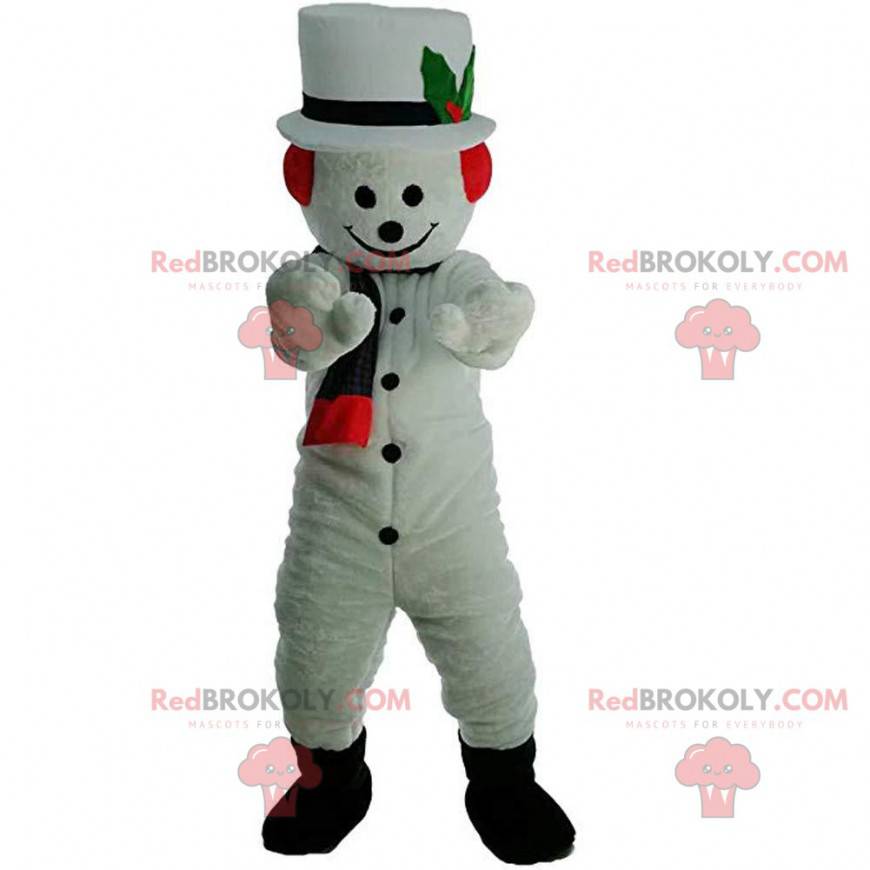 Snowman maskot med hatt och halsduk - Redbrokoly.com