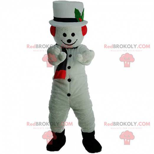 Maskot sněhuláka s kloboukem a šátkem - Redbrokoly.com