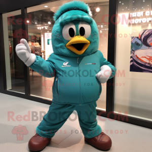 Teal Wrist Watch mascot costume character dressed with a Windbreaker and Mittens