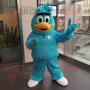 Teal Wrist Watch mascot costume character dressed with a Windbreaker and Mittens