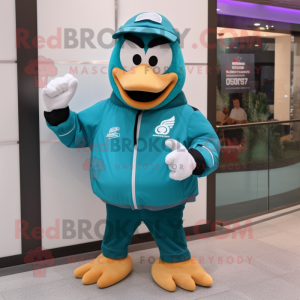 Teal Wrist Watch mascot costume character dressed with a Windbreaker and Mittens