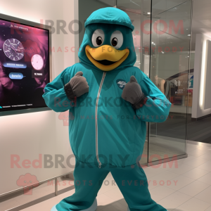 Teal Wrist Watch mascot costume character dressed with a Windbreaker and Mittens