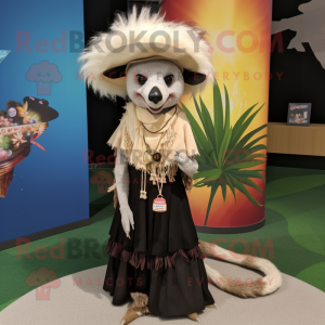 Cream Aye-Aye mascot costume character dressed with a Maxi Skirt and Hat pins